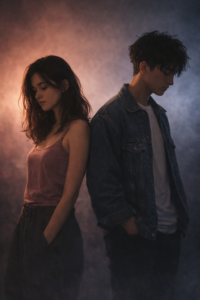 Chica y chico jóvenes de espaldas, sin mirarse, rodeados de luz rosada y azul que los divide, transmitiendo tensión emocional y distancia afectiva.