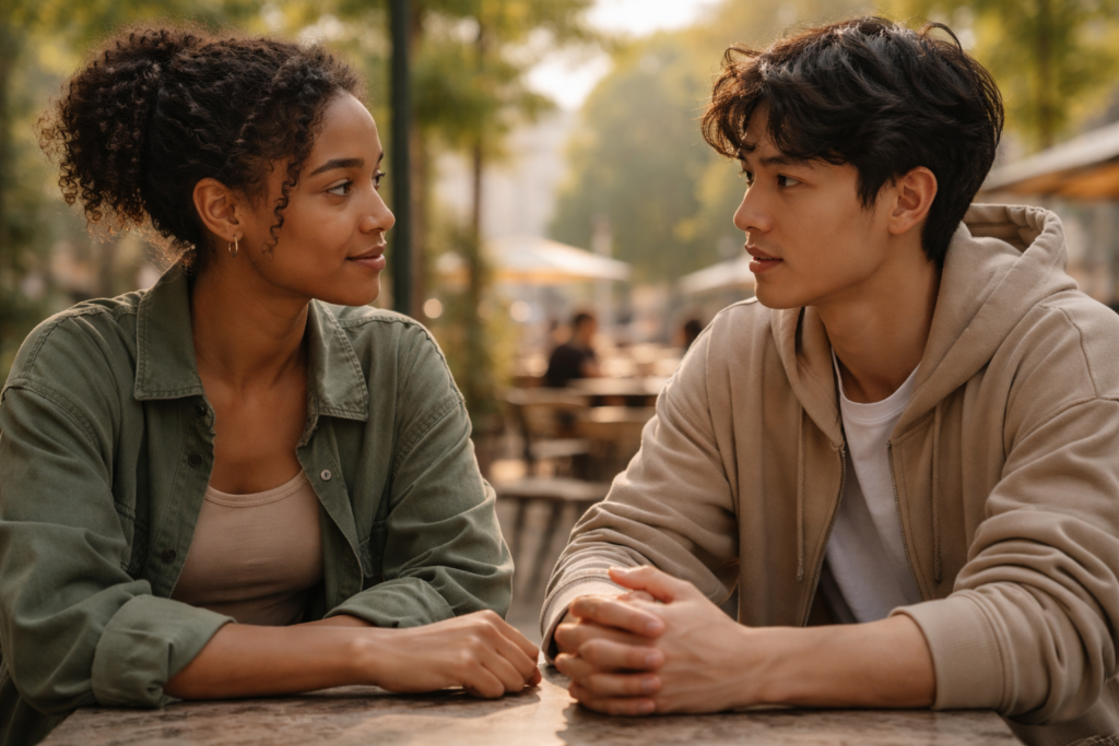Chica y chico jóvenes mirándose a los ojos sentados en una terraza, conversando con calma