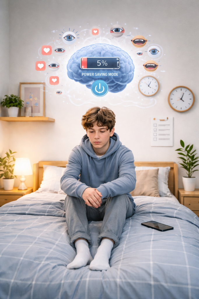 Ilustración de un cerebro humano en modo ahorro de energía, con batería al 5% y texto Power Saving Mode, representando el agotamiento mental por sobreexigencia social en jóvenes.