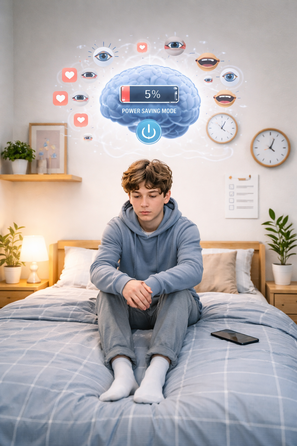 Ilustración de un cerebro humano en modo ahorro de energía, con batería al 5% y texto Power Saving Mode, representando el agotamiento mental por sobreexigencia social en jóvenes.