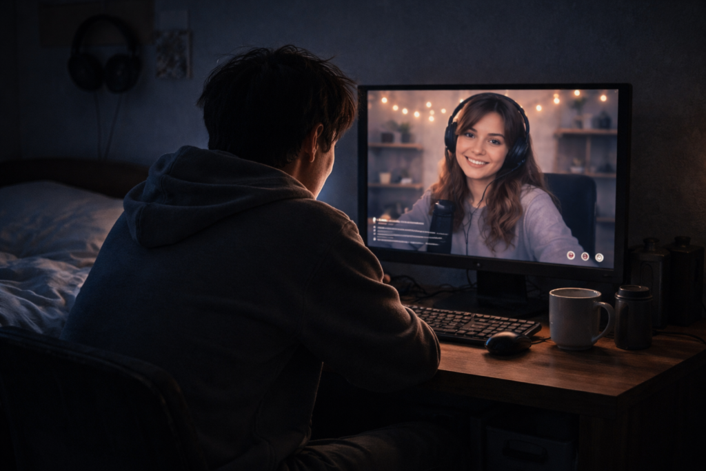Persona joven de espaldas mirando una pantalla donde aparece una streamer con auriculares sonriendo, en una habitación oscura iluminada solo por el monitor.