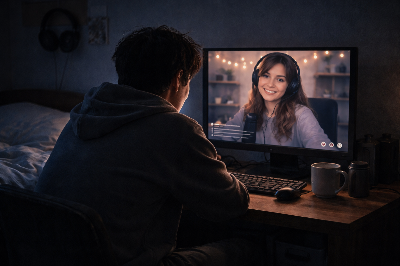 Persona joven de espaldas mirando una pantalla donde aparece una streamer con auriculares sonriendo, en una habitación oscura iluminada solo por el monitor.
