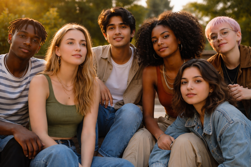 Grupo de seis jóvenes diversos sentados juntos al aire libre con expresión tranquila y segura